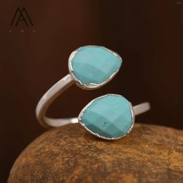 Wedding Rings Classic Stacking Natural Crystal Teardrop Gemstone Turquoise Silver / Gold Color Double Ring Fashion Jewelry Birthday Gift