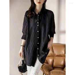 Women's Blouses Shirts For Women Vintage Long Sleeved Solid Fold Design Polo-neck Casual Korean Fashion One Piece Mid-length Blouse Tops