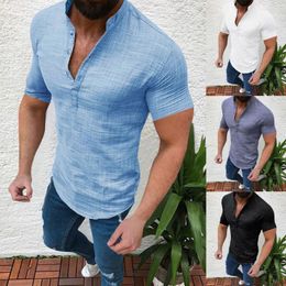 Men's Casual Shirts 2023 Summer Men Comfortable Linen Mens Short Sleeve Shirt Loose Top Simple Solid Colour Male