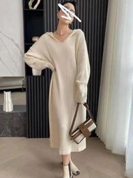 Casual Dresses Solid Hooded Sweater Dress Women 2023 Fashion Vintage Long Sleeve Chic Loose Knitting Simplicity French