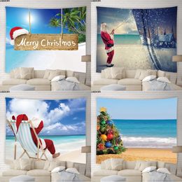 Tapestries Merry Christmas Tapestry Xmas Theme Wall Hanging Ocean Scenery Santa Claus Christmas Tree Holiday Decor Background Beach Towel 231201