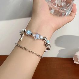 Link Bracelets Fashion Personalised Cross Double-Layer Bracelet Women Sweet Transparent Blue Five-Pointed Star