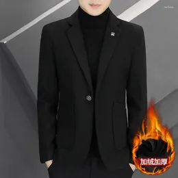 Men's Suits Fashion Warm Business Casual Elegant Solid Color Plus Fleece Thickened Slim Wedding Gentleman Korean Woolen Blazer