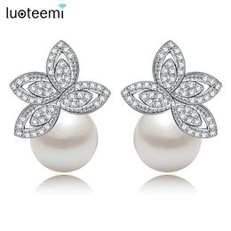 Stud LUOTEEMI Women Luxury Clear Cubic Zircon Paved Flower Stud Earring with Imitation Pearl Bridal Wedding Jewelry Christmas Gifts 231130