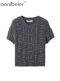 Women's Sweaters Aonibeier Y2K Cable Knitted Women 2023 Winter Short Sleeve Rhinestones Slim Pullovers Female Crop Top Jumpers Thin