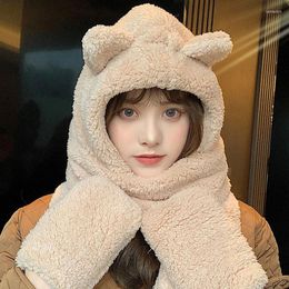 Berets Cute Bear Women Hat Scarf Set Winter Thick Warm Plush Lamb Wool Bonnet Scarves With Gloves Outdoor Windproof Beanies