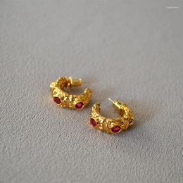 Серьги-кольца во французском придворном стиле Нерегулярные лавовые вогнутые выпуклые красные маленькие толстые иглы из серебра 925 пробы