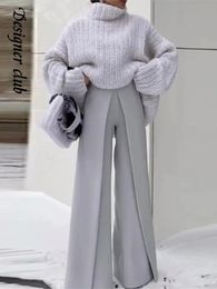 Women's Two Piece Pants Elegant Solid Women's Turtleneck Sweater Set Chic Loose Thick Top High Waist Straight Pant Suit Autumn Lady High Streetwear 231130