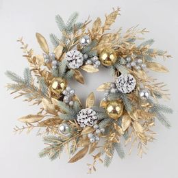 Decorative Flowers Wreaths 2024 Christmas Wreath For Front Door Artificial Golden Flower Garland Pinecone Rattan Set Hanging Outdoor Xmas Decoration 231201