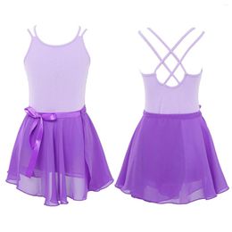 Stage Wear Kids Girls Ballet Dance Gymnastic Dancewear Crisscross Back Leotard With Chiffon Mini Skirt For Figure Ice Skating Performance