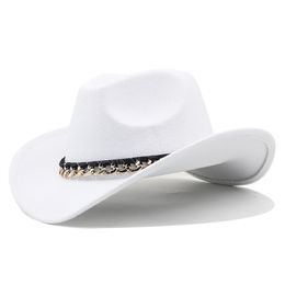 Western Cowboy Hat Chain Decor Wide Brim Jazz Felt Cap Vintage Women Men Fedora Hat Outdoor Parent-child Riding Sun Hat