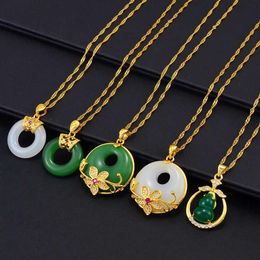 Anniyo Round Flower Gourd Green White Stone Pendant Necklaces Women Girs Chinese Cultural Fashion Luxury Accessories #002236 H0918276c