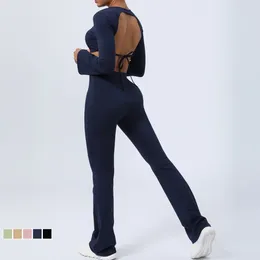 Women's Two Piece Pants Fashion Flare Leggings Set Sporty Women 2 Sportswear Gym Yoga Clothing Backless Long Sleeve Suit For Fitness Sport