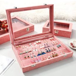 Jewellery Boxes Pink dustproof glass cover earring display box Jewellery stud 231201