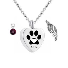 Birthstone Pet Memorial Urn Necklace Dog Cat Paw Print Heart Cremation Jewelry Ashes Keepsake Pendant Engraving262D