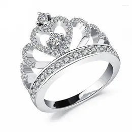 Cluster Rings Fashion Luxury Hollow Crystal For Women Engagement Ring Princess Crown Jewelry Sweet Heart-shaped Female