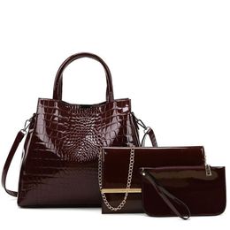 Evening Bags Burgundy Patent Leather Handbag Women Bag Big Capacity Lady Office Purse Messegner Crossbody Shoulder Sets 3 Pcs298A