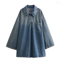 Casual Dresses Denim Short Dress Woman Blue Pockets Mini For Women 2023 Long Sleeve Loose Street Women's