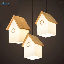 Pendant Lamps Nordic Creative Glass Small House Shape Lights For Living Room Children Bedroom Home Decor Wooden Hanging Lamp Led E14