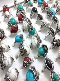 50Pcs silver Plate Women rheinstone turquoise stone rings ring lady girls mens ring re bague Whole jewelry7673483
