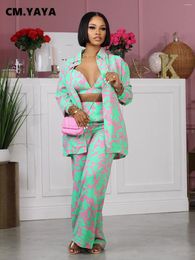 Women's Two Piece Pants CM. Street Vintage Floral Printed Set Long Sleeve Shirt And Wide Leg With Bra 3-Piece Outfits Tracksuit