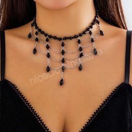 Black Crystal Beads Chains with Tassels Choker Necklace for Women Charms Wedding Accessories on Neck 2024 Fashion Jewelry Collar