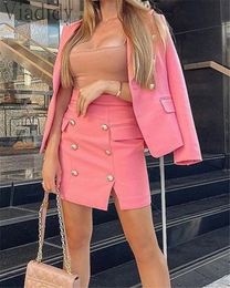 Two Piece Dres Solid Colour Suits Buttoned Detail Long Sleeve Blazer Coat And High Waist Mini Skirt Set 231201