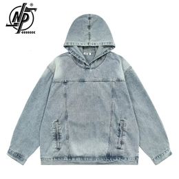 Mens Hoodies Sweatshirts Japanese Vintage Men Denim Hooded Jacket Streetwear Casual Y2k Tops Loose Washed Harajuku Pullovers 231201