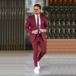 Men's Suits Burgundy Casual Men Blazer Flat Notched Lapel Single Breasted Special Occasion Party Elegant 2 Piece Jacket Pants Slim