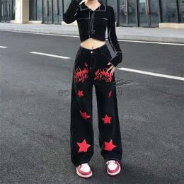 Women's Jeans Hip Hop Vintage Women Black Red Jeans Streetwear Fashion Pants Star Painted High Waist Wide Leg Straight Casual Loose Trouserszln231201