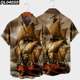 Men's Hoodies Hawaiian Shirt Man -selling Nautical Boat Pattern Digital Printing Loose Button Short-sleeved