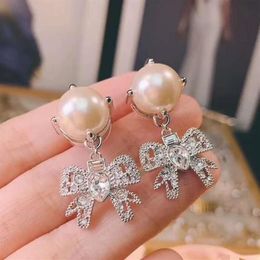 Sweet Women Jewelry Popular Fashion White Gold Plated CZ Pearl Bow Earrings for Girls Women for Wedding Party Nice Gift for Friend245d