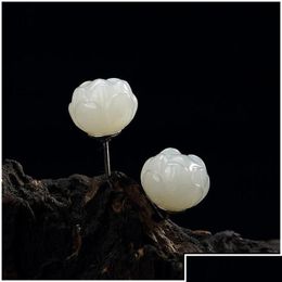 Charms Sier Authentic 925 Sterling Stud Earrings For Women Girls Fine Jewelry Natural Handmade Jade Flower Earring 8/10Mm Drop Delive Dhi2H