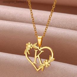 Pendant Necklaces Gold Colour Dainty Flower Initials Necklace Women Girl Stainless Steel Heart Letter Choker Necklace Best Gifts Alphabet JewelryL231215