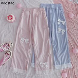 Women's Pants Japanese Sweet Cute Lolita Corduroy Women Bow Lace Wide Leg Girly Kawaii Loose Korean Clothing Chic Trousers