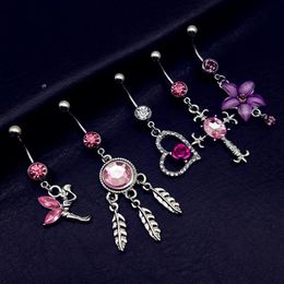 20 Stück Mix-Stil rosa Engel Traumfänger Kreuz Rose Blume baumeln Nabel Bauchnabelpiercing-Knopfringe Piercing-Schmuck-Sets320t