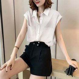 Women's Blouses Simple Casual Turn Down Collar Short Sleeve Button Up Shirt Summer Fashion Loose Pockets Street All Match Top Blouse Women