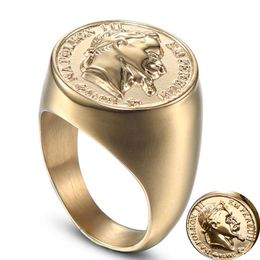Stainless Steel Napoleon Head Sculpture Ring Gold Solid Men USA Standard Size 7 8 9 10 11 12 13 14 Three Dimensional Letter Extra 321H
