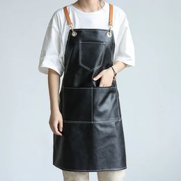 Aprons Solid PU Leather Waterproof For Women Men Apron Kitchen Accessories Cafe House Cleaning Bib Cooking Baking Pocket Chef Pinafore 231130