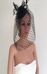 Wedding Fascinator Hat for Bride Bridesmaid Black Mesh Floral Veil with Dots Ostrich Feather Fascinator Jewelled Headband Pearls 4535559