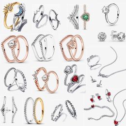 hochwertige 925er Silber Paar Eheringe für Frauen Designer Weihnachtsgeschenk DIY passend für Pandoras Love Mom Schmuck Ring Halskette Ohrringe Armband Set mit Originalverpackung