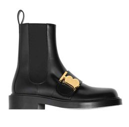 Luxury Italy Brand Womens Motif Leather Chelsea Boots Gold-plated Thomas Round Toe Ankle Boot Lady Comfort Motorcycle Woman Booties EU35-40 with box