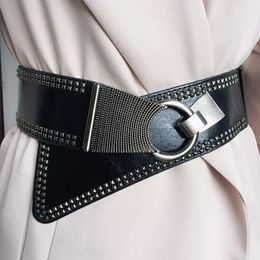Belts Punk Style Rivets Beading Round Buckle Women Belt Female Pu Leather Super Wide 9CM Belts Ceinture Femme Leisure Cummerbunds 231201