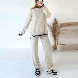 Womens Two Piece Pants piece womens autumn and winter knitted set unique loose crochet track clothing long sleeved floral straight leg pants sportswear 231201