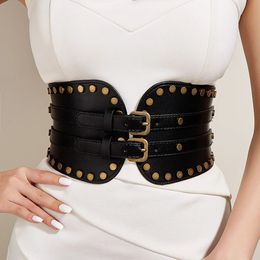 Belts Fashion Wide Belt Metal Buckle Elastic Waistband Leather Rivet Ultra Wide Belt Chain Belt Corset Belt for Women 231201
