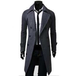 Men's Wool Blends Mens Double Breasted Trench Coat Blend 2023 Autumn Winter Solid Casual Slim Fit Long Jacket Fashion Clothing 231130