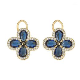 Stud Vintage Royal Clover Blue Crystal Sapphire Gemstones Diamonds Earrings For Women Gold Color Jewelry Bijoux Party Accessorie1246z