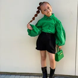 Clothing Sets 2023 Kids Clothes 2 Pieces Baby Girls Puff Sleeve Blouse Shorts Matching Green Y2K Children Suits 1-8Y