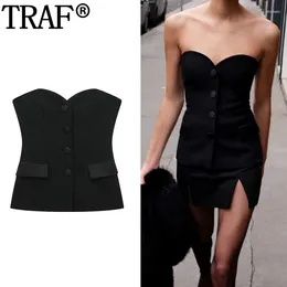 Women's Tanks Bustier Black Crop Top Women Off Shoulder Satin Tube Woman Fashion Backless Corset Tops For Y2K Button Tank