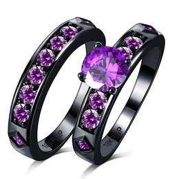 Top quality bling large purple Cubic Zircon couple Rings Set black Gold filled CZ Wedding alliance For Women men2281